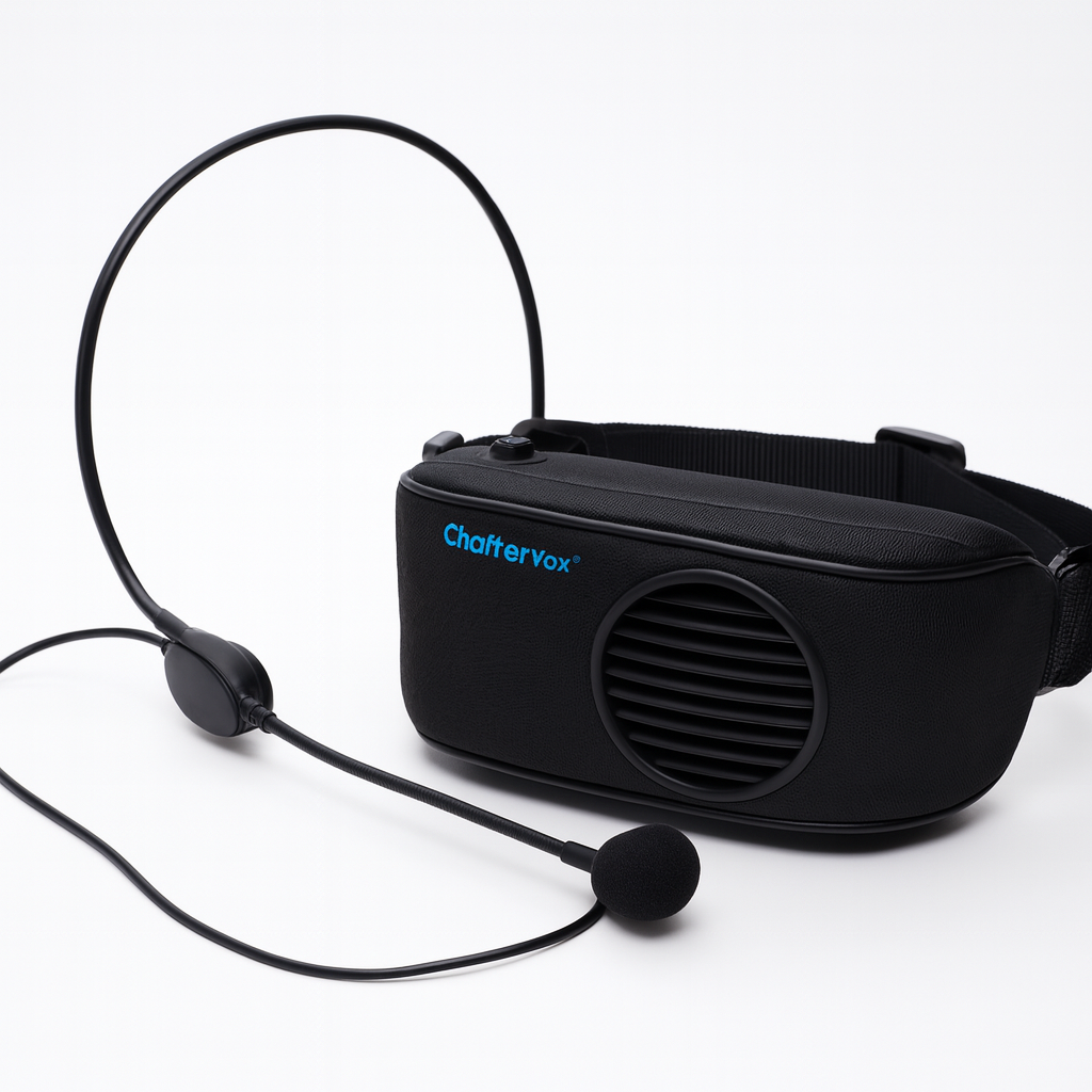 A black portable voice amplifier labeled ChatterVox with an attached adjustable headset microphone, displayed on a white background.