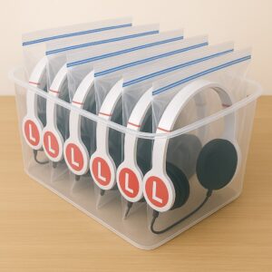 Six sets of white headphones with red L stickers are individually stored in clear ziplock bags, standing upright in a transparent plastic bin on a wooden surface.