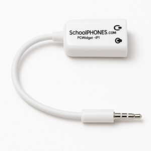 A white adapter cable labeled SchoolPHONES.com PCWidget-iP1 with a short wire and a 3.5mm audio jack on one end.