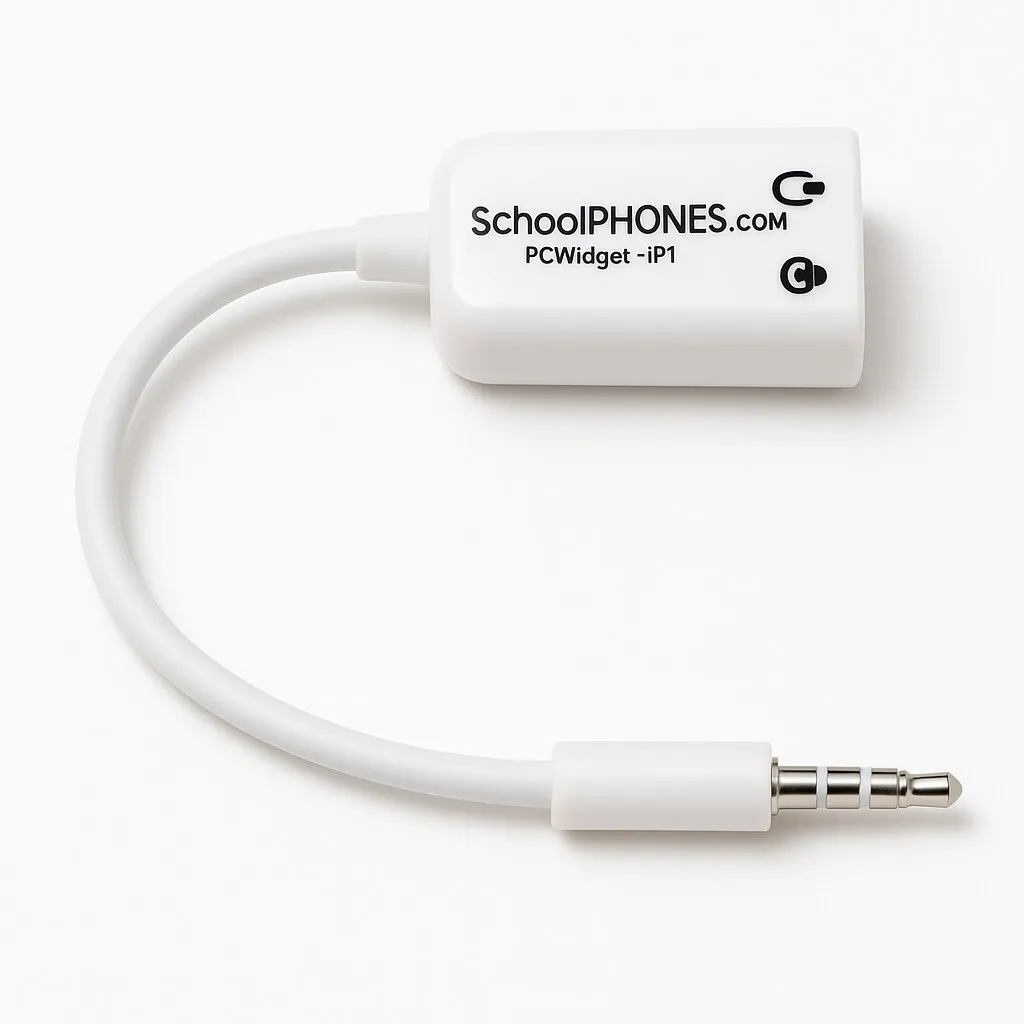 A white adapter cable labeled SchoolPHONES.com PCWidget-iP1 with a short wire and a 3.5mm audio jack on one end.