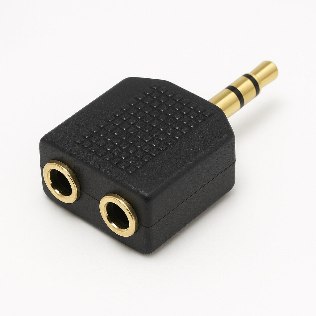 A black audio splitter with a gold-plated 3.5mm male plug and two gold-plated female ports, designed for sharing audio between two headphones.