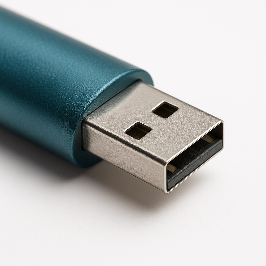 A close-up of a teal-colored USB flash drive with a metallic connector, photographed against a plain white background.