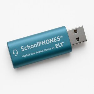 A blue USB device labeled SchoolPHONES USB Real Time Headset Monitor by ELT with a small white headset icon, shown on a white background.