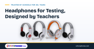 SchoolPHONES® K6S, BKM, LPJ1M and BKS school headphones lined up together — durable wired headphones for testing and classroom use, trusted by schools for over 30 years.