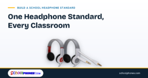 SchoolPHONES® K6S and BKS school headphones with a replacement cable, the two sizes and one spare part that make up a district headphone standard