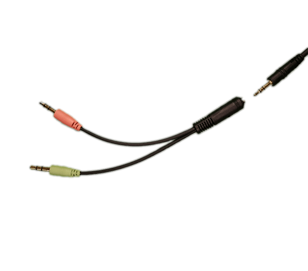 The CTIA/ASH to multi-media headset adapter branches into green and pink audio cables from a single black cable with a male jack—perfect for school headphones like SchoolPHONES®. The background is plain white.
