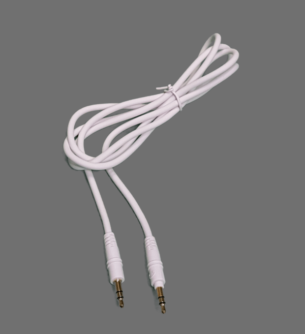 The Standard Replacement Cable for Lab Partner Jr. (LPJ & LPJm) is a white audio cable with dual 3.5mm male connectors, perfect for use with SchoolPHONES® or other kids’ headphones, shown coiled on a plain gray background.