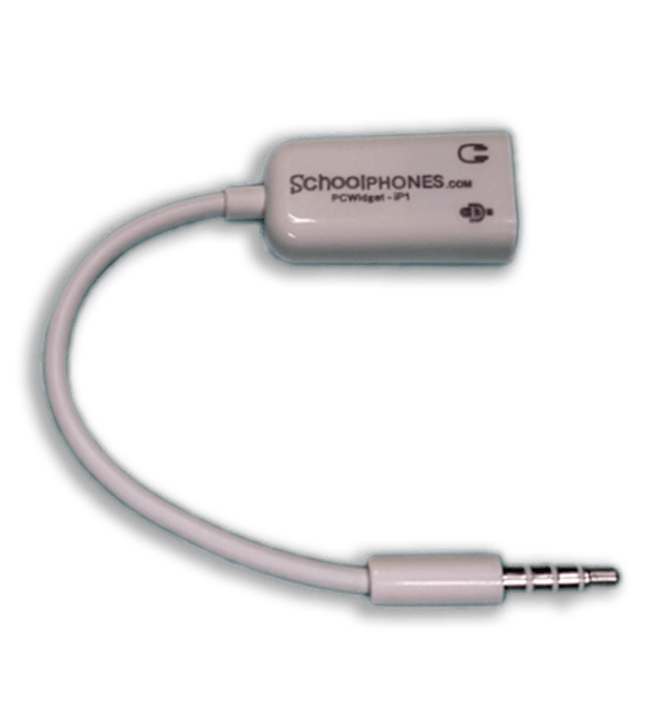 The Multi-media to CTIA Tablet/Chromebook adapter features a white rectangular SchoolPHONES® casing, a short cable, and a 3.5mm male audio jack—ideal for connecting school headphones to tablets or Chromebooks.