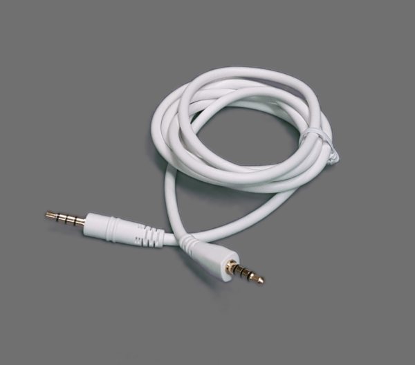 A white Standard Replacement Cable for K6m & BKm Media Headset (K6m & BKm Only) with gold-plated 3.5mm connectors on both ends, shown coiled neatly on a plain gray background.