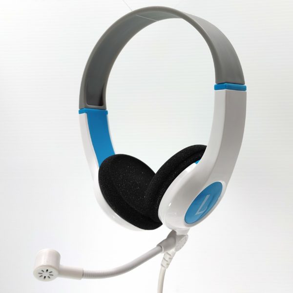 The SPD-MIC-3.5mm Detachable SpringBoom™ Media Microphone (K6d, BKd SchoolPHONES®) is a white and blue over-ear headset with a black cushioned earpiece and adjustable mic, ideal for schools, shown on a plain white background.