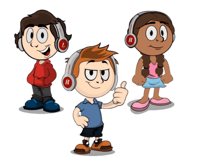 Smiling kids comfortably wearing SchoolPHONES® classroom headphones