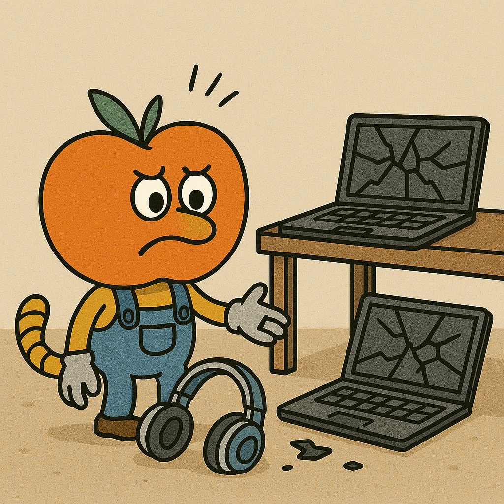 Animated character upset after a student forgot to remove their headphones, causing a tablet or computer to fall—highlighting the need for breakaway cables.