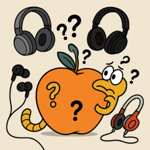 Animated character puzzled while comparing a messy variety of headphones, unsure which is best for schools—before discovering SchoolPHONES®' reliable options.