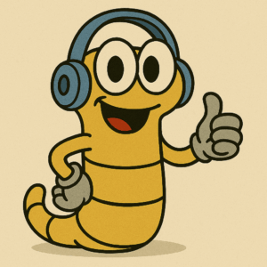 A cartoon yellow worm wearing blue headphones for schools and gray gloves smiles and gives a thumbs up, set against a plain beige background.