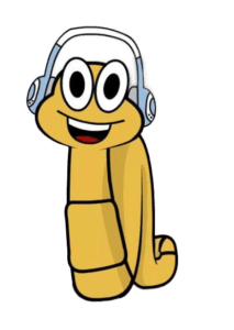 SchoolPHONES® mascot Wiggles smiling warmly at the viewer while wearing classroom headphones, symbolizing fun, comfort, and student-focused design.