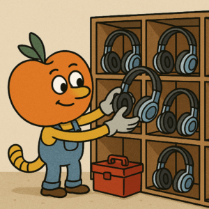 Animated character carefully organizing and sanitizing SchoolPHONES® classroom headphones to ensure hygiene and readiness for student use.