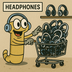 Animated character racing through a store in supermarket sweep style, excitedly grabbing SchoolPHONES® bulk kids headphones for school deployment.