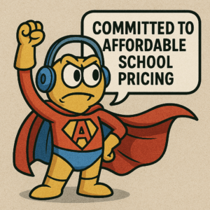 Cartoon superhero worm wearing a red cape and blue headphones, raising a fist next to a speech bubble that says “Committed to Affordable School Pricing”