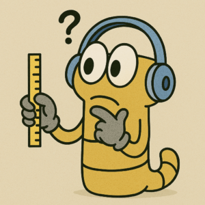 SchoolPHONES® mascot Wiggles holding a ruler and thoughtfully deciding between headphone sizes, showcasing adjustable options for all student age groups.