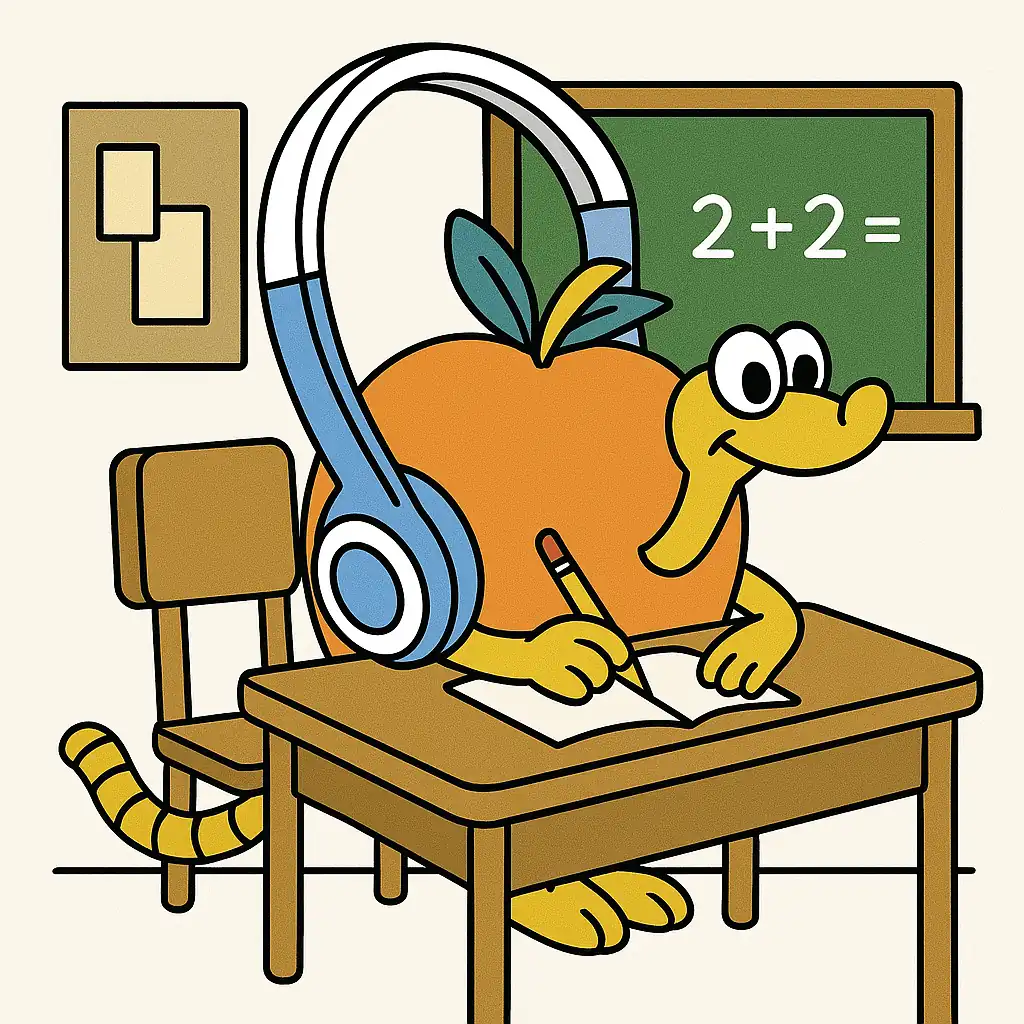 A cartoon, wearing headphones, sits at a school desk writing in a notebook. A chalkboard behind displays 2 + 2 =. The scene is bright and playful.