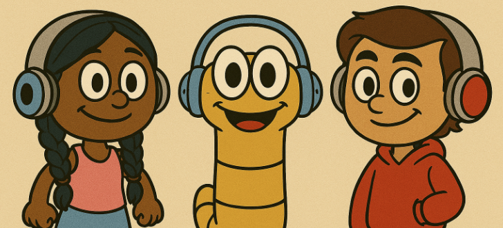 Three cartoon characters—an enthusiastic girl with braids, a smiling worm, and a boy in a red hoodie—all wearing large headphones, stand side by side and face forward.